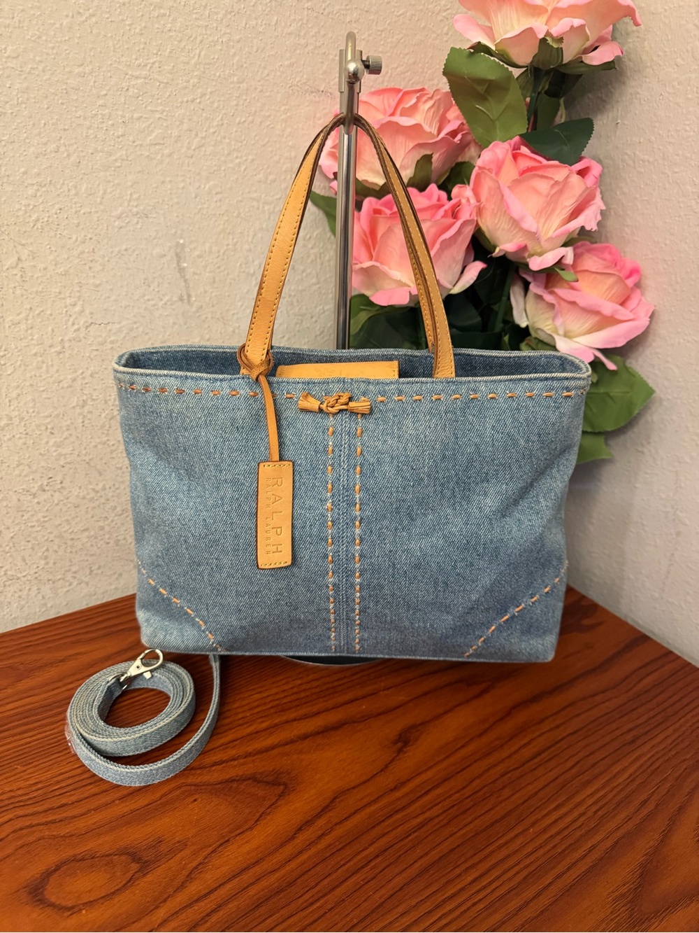 Ralph Lauren Light Blue Denim Tote with Tan Leather Trim